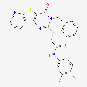 2-({5-benzyl-6-oxo-8-thia-3,5,10-triazatricyclo[7.4.0.0^{2,7}]trideca-1(9),2(7),3,10,12-pentaen-4-yl}sulfanyl)-N-(3-fluoro-4-methylphenyl)acetamide