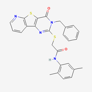 2-({5-benzyl-6-oxo-8-thia-3,5,10-triazatricyclo[7.4.0.0^{2,7}]trideca-1(9),2(7),3,10,12-pentaen-4-yl}sulfanyl)-N-(2,5-dimethylphenyl)acetamide