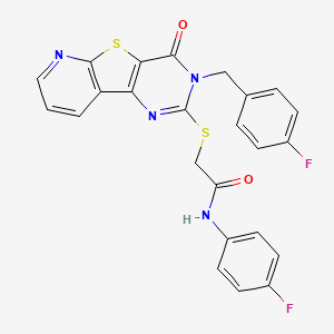 molecular formula C24H16F2N4O2S2 B6555044 N-(4-fluorophenyl)-2-({5-[(4-fluorophenyl)methyl]-6-oxo-8-thia-3,5,10-triazatricyclo[7.4.0.0^{2,7}]trideca-1(9),2(7),3,10,12-pentaen-4-yl}sulfanyl)acetamide CAS No. 1040664-57-0