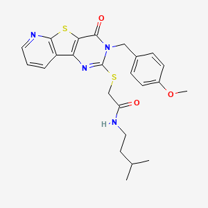 molecular formula C24H26N4O3S2 B6555051 2-({5-[(4-methoxyphenyl)methyl]-6-oxo-8-thia-3,5,10-triazatricyclo[7.4.0.0^{2,7}]trideca-1(9),2(7),3,10,12-pentaen-4-yl}sulfanyl)-N-(3-methylbutyl)acetamide CAS No. 1040664-64-9