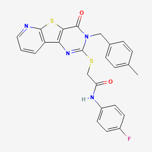 molecular formula C25H19FN4O2S2 B6555055 N-(4-fluorophenyl)-2-({5-[(4-methylphenyl)methyl]-6-oxo-8-thia-3,5,10-triazatricyclo[7.4.0.0^{2,7}]trideca-1(9),2(7),3,10,12-pentaen-4-yl}sulfanyl)acetamide CAS No. 1040664-71-8