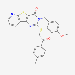 molecular formula C26H21N3O3S2 B6555063 5-[(4-methoxyphenyl)methyl]-4-{[2-(4-methylphenyl)-2-oxoethyl]sulfanyl}-8-thia-3,5,10-triazatricyclo[7.4.0.0^{2,7}]trideca-1(9),2(7),3,10,12-pentaen-6-one CAS No. 1040664-87-6