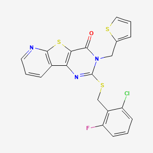 molecular formula C21H13ClFN3OS3 B6555326 4-{[(2-chloro-6-fluorophenyl)methyl]sulfanyl}-5-[(thiophen-2-yl)methyl]-8-thia-3,5,10-triazatricyclo[7.4.0.0^{2,7}]trideca-1(9),2(7),3,10,12-pentaen-6-one CAS No. 1040645-68-8