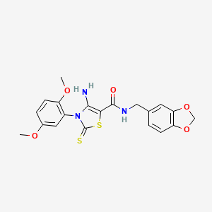 molecular formula C20H19N3O5S2 B6560253 4-amino-N-[(2H-1,3-benzodioxol-5-yl)methyl]-3-(2,5-dimethoxyphenyl)-2-sulfanylidene-2,3-dihydro-1,3-thiazole-5-carboxamide CAS No. 1021220-40-5