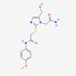 molecular formula C15H18N4O4S B6560465 2-{[1-(carbamoylmethyl)-5-(hydroxymethyl)-1H-imidazol-2-yl]sulfanyl}-N-(4-methoxyphenyl)acetamide CAS No. 921885-78-1