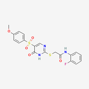 molecular formula C19H16FN3O5S2 B6560786 N-(2-fluorophenyl)-2-{[5-(4-methoxybenzenesulfonyl)-6-oxo-1,6-dihydropyrimidin-2-yl]sulfanyl}acetamide CAS No. 1021227-31-5