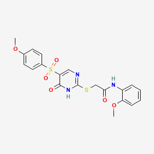 molecular formula C20H19N3O6S2 B6560789 2-{[5-(4-methoxybenzenesulfonyl)-6-oxo-1,6-dihydropyrimidin-2-yl]sulfanyl}-N-(2-methoxyphenyl)acetamide CAS No. 1021263-74-0