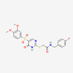 molecular formula C21H20FN3O6S2 B6561248 2-{[5-(3,4-dimethoxybenzenesulfonyl)-6-oxo-1,6-dihydropyrimidin-2-yl]sulfanyl}-N-[(4-fluorophenyl)methyl]acetamide CAS No. 1021263-90-0