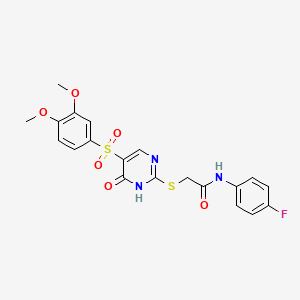 molecular formula C20H18FN3O6S2 B6561269 2-{[5-(3,4-dimethoxybenzenesulfonyl)-6-oxo-1,6-dihydropyrimidin-2-yl]sulfanyl}-N-(4-fluorophenyl)acetamide CAS No. 1021263-88-6