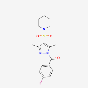 molecular formula C18H22FN3O3S B6562554 1-{[1-(4-fluorobenzoyl)-3,5-dimethyl-1H-pyrazol-4-yl]sulfonyl}-4-methylpiperidine CAS No. 942852-20-2