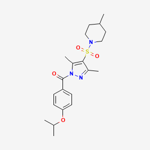 molecular formula C21H29N3O4S B6562559 1-({3,5-dimethyl-1-[4-(propan-2-yloxy)benzoyl]-1H-pyrazol-4-yl}sulfonyl)-4-methylpiperidine CAS No. 1020454-07-2