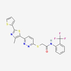 molecular formula C21H15F3N4OS3 B6563100 2-({6-[4-methyl-2-(thiophen-2-yl)-1,3-thiazol-5-yl]pyridazin-3-yl}sulfanyl)-N-[2-(trifluoromethyl)phenyl]acetamide CAS No. 946277-28-7