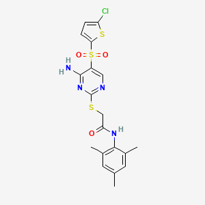 molecular formula C19H19ClN4O3S3 B6563130 2-({4-amino-5-[(5-chlorothiophen-2-yl)sulfonyl]pyrimidin-2-yl}sulfanyl)-N-(2,4,6-trimethylphenyl)acetamide CAS No. 1021217-77-5