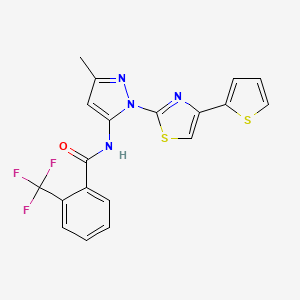 molecular formula C19H13F3N4OS2 B6563832 N-{3-methyl-1-[4-(thiophen-2-yl)-1,3-thiazol-2-yl]-1H-pyrazol-5-yl}-2-(trifluoromethyl)benzamide CAS No. 1172811-10-7