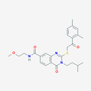 molecular formula C27H33N3O4S B6564383 2-{[2-(2,4-dimethylphenyl)-2-oxoethyl]sulfanyl}-N-(2-methoxyethyl)-3-(3-methylbutyl)-4-oxo-3,4-dihydroquinazoline-7-carboxamide CAS No. 1021224-58-7