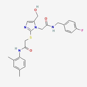 molecular formula C23H25FN4O3S B6564426 N-(2,4-dimethylphenyl)-2-{[1-({[(4-fluorophenyl)methyl]carbamoyl}methyl)-5-(hydroxymethyl)-1H-imidazol-2-yl]sulfanyl}acetamide CAS No. 921504-82-7