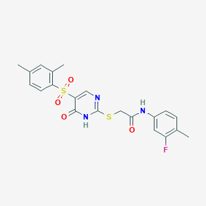 molecular formula C21H20FN3O4S2 B6564521 2-{[5-(2,4-dimethylbenzenesulfonyl)-6-oxo-1,6-dihydropyrimidin-2-yl]sulfanyl}-N-(3-fluoro-4-methylphenyl)acetamide CAS No. 1021225-06-8