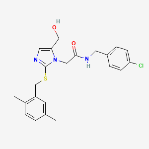 molecular formula C22H24ClN3O2S B6564652 N-[(4-chlorophenyl)methyl]-2-(2-{[(2,5-dimethylphenyl)methyl]sulfanyl}-5-(hydroxymethyl)-1H-imidazol-1-yl)acetamide CAS No. 921573-42-4