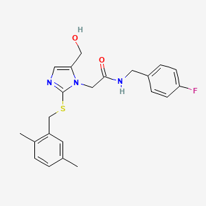 molecular formula C22H24FN3O2S B6564659 2-(2-{[(2,5-dimethylphenyl)methyl]sulfanyl}-5-(hydroxymethyl)-1H-imidazol-1-yl)-N-[(4-fluorophenyl)methyl]acetamide CAS No. 921802-24-6