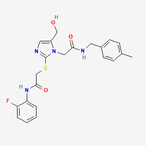 molecular formula C22H23FN4O3S B6565046 N-(2-fluorophenyl)-2-{[5-(hydroxymethyl)-1-({[(4-methylphenyl)methyl]carbamoyl}methyl)-1H-imidazol-2-yl]sulfanyl}acetamide CAS No. 921847-29-2