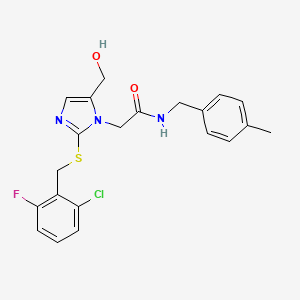 molecular formula C21H21ClFN3O2S B6565060 2-(2-{[(2-chloro-6-fluorophenyl)methyl]sulfanyl}-5-(hydroxymethyl)-1H-imidazol-1-yl)-N-[(4-methylphenyl)methyl]acetamide CAS No. 921801-81-2