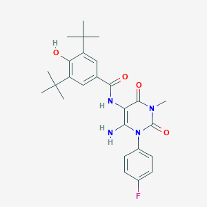 molecular formula C26H31FN4O4 B065654 N-[6-amino-1-(4-fluorophenyl)-3-methyl-2,4-dioxopyrimidin-5-yl]-3,5-ditert-butyl-4-hydroxybenzamide CAS No. 176378-79-3