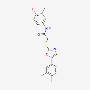 molecular formula C20H19FN2O2S B6566213 2-{[5-(3,4-dimethylphenyl)-1,3-oxazol-2-yl]sulfanyl}-N-(4-fluoro-3-methylphenyl)acetamide CAS No. 1021228-89-6