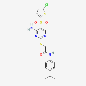 molecular formula C19H19ClN4O3S3 B6566619 2-({4-amino-5-[(5-chlorothiophen-2-yl)sulfonyl]pyrimidin-2-yl}sulfanyl)-N-[4-(propan-2-yl)phenyl]acetamide CAS No. 1021263-70-6