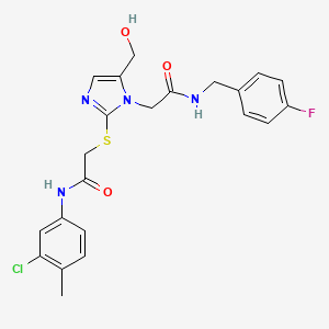 molecular formula C22H22ClFN4O3S B6566700 N-(3-chloro-4-methylphenyl)-2-{[1-({[(4-fluorophenyl)methyl]carbamoyl}methyl)-5-(hydroxymethyl)-1H-imidazol-2-yl]sulfanyl}acetamide CAS No. 921572-12-5