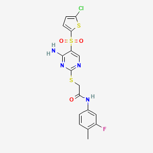 molecular formula C17H14ClFN4O3S3 B6566775 2-({4-amino-5-[(5-chlorothiophen-2-yl)sulfonyl]pyrimidin-2-yl}sulfanyl)-N-(3-fluoro-4-methylphenyl)acetamide CAS No. 1021263-68-2