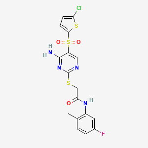 molecular formula C17H14ClFN4O3S3 B6566799 2-({4-amino-5-[(5-chlorothiophen-2-yl)sulfonyl]pyrimidin-2-yl}sulfanyl)-N-(5-fluoro-2-methylphenyl)acetamide CAS No. 1021217-79-7