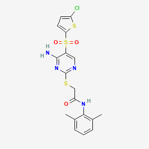 molecular formula C18H17ClN4O3S3 B6567359 2-({4-amino-5-[(5-chlorothiophen-2-yl)sulfonyl]pyrimidin-2-yl}sulfanyl)-N-(2,6-dimethylphenyl)acetamide CAS No. 1021263-66-0