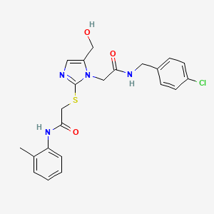 molecular formula C22H23ClN4O3S B6567491 2-{[1-({[(4-chlorophenyl)methyl]carbamoyl}methyl)-5-(hydroxymethyl)-1H-imidazol-2-yl]sulfanyl}-N-(2-methylphenyl)acetamide CAS No. 921505-36-4