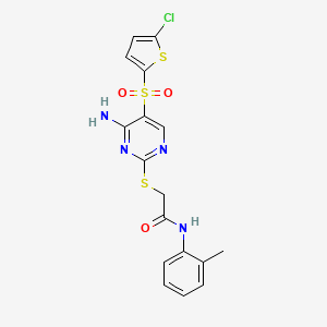 molecular formula C17H15ClN4O3S3 B6567496 2-({4-amino-5-[(5-chlorothiophen-2-yl)sulfonyl]pyrimidin-2-yl}sulfanyl)-N-(2-methylphenyl)acetamide CAS No. 1021263-54-6