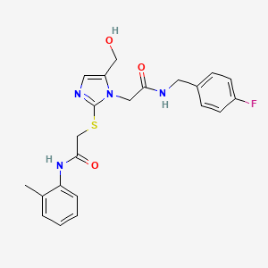 molecular formula C22H23FN4O3S B6567499 2-{[1-({[(4-fluorophenyl)methyl]carbamoyl}methyl)-5-(hydroxymethyl)-1H-imidazol-2-yl]sulfanyl}-N-(2-methylphenyl)acetamide CAS No. 921875-49-2