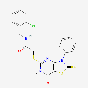 molecular formula C21H17ClN4O2S3 B6567640 N-[(2-chlorophenyl)methyl]-2-({6-methyl-7-oxo-3-phenyl-2-sulfanylidene-2H,3H,6H,7H-[1,3]thiazolo[4,5-d]pyrimidin-5-yl}sulfanyl)acetamide CAS No. 1021211-60-8
