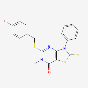 molecular formula C19H14FN3OS3 B6567644 5-{[(4-fluorophenyl)methyl]sulfanyl}-6-methyl-3-phenyl-2-sulfanylidene-2H,3H,6H,7H-[1,3]thiazolo[4,5-d]pyrimidin-7-one CAS No. 1021258-21-8