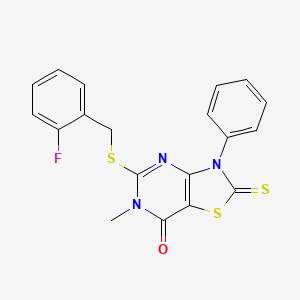 molecular formula C19H14FN3OS3 B6567652 5-{[(2-fluorophenyl)methyl]sulfanyl}-6-methyl-3-phenyl-2-sulfanylidene-2H,3H,6H,7H-[1,3]thiazolo[4,5-d]pyrimidin-7-one CAS No. 1021258-20-7