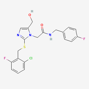 molecular formula C20H18ClF2N3O2S B6567817 2-(2-{[(2-chloro-6-fluorophenyl)methyl]sulfanyl}-5-(hydroxymethyl)-1H-imidazol-1-yl)-N-[(4-fluorophenyl)methyl]acetamide CAS No. 921876-14-4