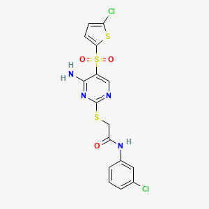 molecular formula C16H12Cl2N4O3S3 B6568003 2-({4-amino-5-[(5-chlorothiophen-2-yl)sulfonyl]pyrimidin-2-yl}sulfanyl)-N-(3-chlorophenyl)acetamide CAS No. 1021217-70-8