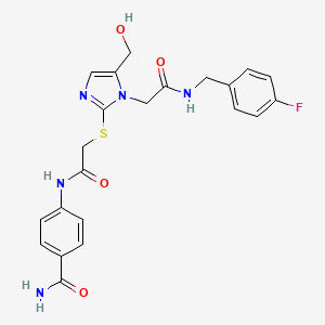 molecular formula C22H22FN5O4S B6568240 4-(2-{[1-({[(4-fluorophenyl)methyl]carbamoyl}methyl)-5-(hydroxymethyl)-1H-imidazol-2-yl]sulfanyl}acetamido)benzamide CAS No. 921505-09-1