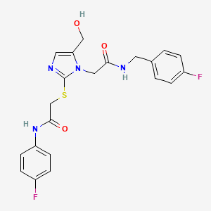 molecular formula C21H20F2N4O3S B6568252 N-(4-fluorophenyl)-2-{[1-({[(4-fluorophenyl)methyl]carbamoyl}methyl)-5-(hydroxymethyl)-1H-imidazol-2-yl]sulfanyl}acetamide CAS No. 921875-61-8