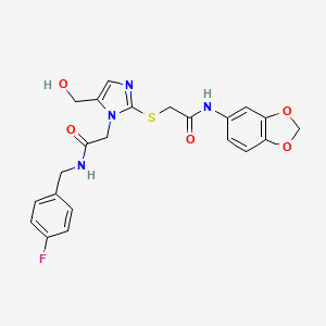 molecular formula C22H21FN4O5S B6568278 N-(2H-1,3-benzodioxol-5-yl)-2-{[1-({[(4-fluorophenyl)methyl]carbamoyl}methyl)-5-(hydroxymethyl)-1H-imidazol-2-yl]sulfanyl}acetamide CAS No. 921504-94-1