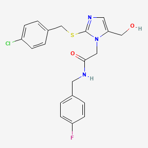 molecular formula C20H19ClFN3O2S B6568289 2-(2-{[(4-chlorophenyl)methyl]sulfanyl}-5-(hydroxymethyl)-1H-imidazol-1-yl)-N-[(4-fluorophenyl)methyl]acetamide CAS No. 921802-39-3