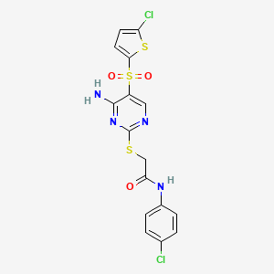 molecular formula C16H12Cl2N4O3S3 B6568334 2-({4-amino-5-[(5-chlorothiophen-2-yl)sulfonyl]pyrimidin-2-yl}sulfanyl)-N-(4-chlorophenyl)acetamide CAS No. 1021215-99-5