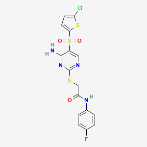 molecular formula C16H12ClFN4O3S3 B6568340 2-({4-amino-5-[(5-chlorothiophen-2-yl)sulfonyl]pyrimidin-2-yl}sulfanyl)-N-(4-fluorophenyl)acetamide CAS No. 1021217-69-5
