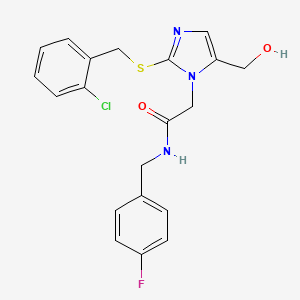 molecular formula C20H19ClFN3O2S B6568836 2-(2-{[(2-chlorophenyl)methyl]sulfanyl}-5-(hydroxymethyl)-1H-imidazol-1-yl)-N-[(4-fluorophenyl)methyl]acetamide CAS No. 921505-30-8
