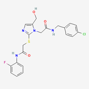 molecular formula C21H20ClFN4O3S B6568854 2-{[1-({[(4-chlorophenyl)methyl]carbamoyl}methyl)-5-(hydroxymethyl)-1H-imidazol-2-yl]sulfanyl}-N-(2-fluorophenyl)acetamide CAS No. 921572-59-0
