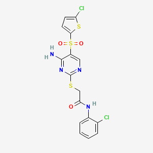 molecular formula C16H12Cl2N4O3S3 B6568855 2-({4-amino-5-[(5-chlorothiophen-2-yl)sulfonyl]pyrimidin-2-yl}sulfanyl)-N-(2-chlorophenyl)acetamide CAS No. 1021263-58-0