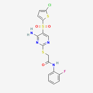 molecular formula C16H12ClFN4O3S3 B6568857 2-({4-amino-5-[(5-chlorothiophen-2-yl)sulfonyl]pyrimidin-2-yl}sulfanyl)-N-(2-fluorophenyl)acetamide CAS No. 1021263-56-8